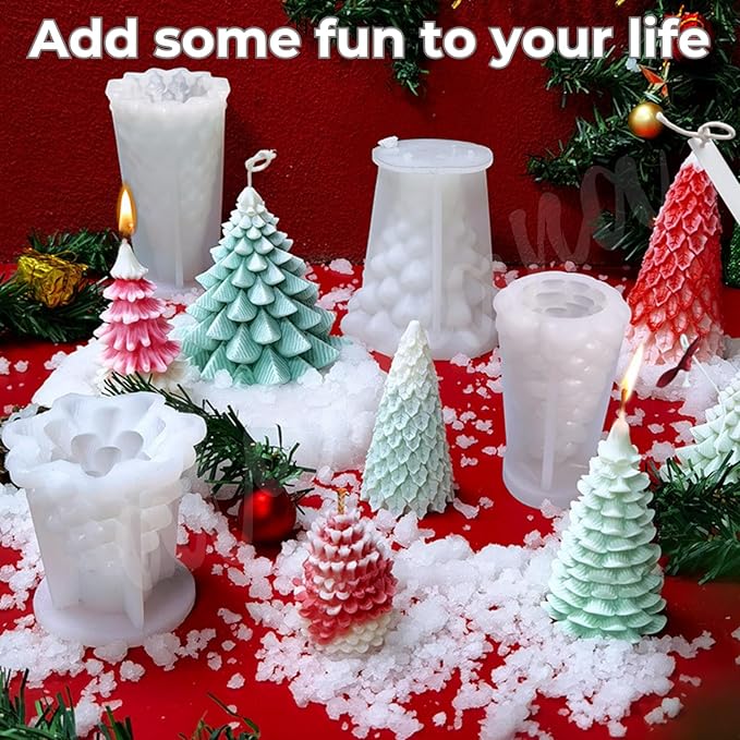 4pcs Christmas Silicone Mold Set for Candle Making, Atarvana 3D Christmas Candle Making Molds with 10pcs Candle Wick-Christmas Trees, Santa Claus, Pine and Ginger Man