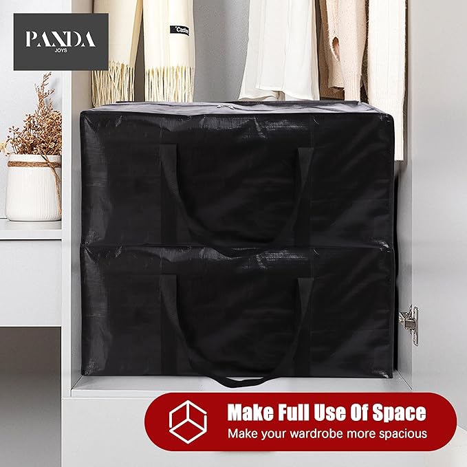 PANDA JOYS Extra Large Moving Bags with Zippers & Carrying Handles, Heavy-Duty Storage Tote for Space Saving Moving Storage, Fold Flat, Alternative to Box and Bin - 8 Pack, Black