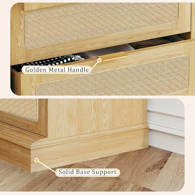 HUAHUU 9 Drawer Dresser for Bedroom, 60 Inch Long Dressers & Rattan Chest of Drawers, Large TV Stand for 55, 65, 70 Inch TV, Boho Style, Modern Dresser for, Living Room, Entryway, Bedroom, Natural Oak