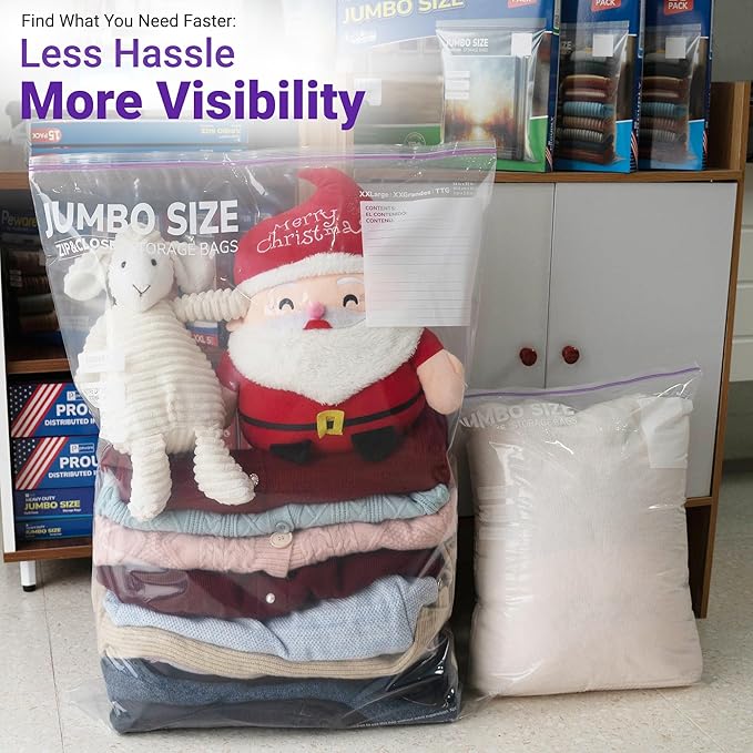 Large Storage Bags, 24"x32" Jumbo Plastic Bag, BPA Free, 20 Gallon 3XL Zipper Lock Baggies for Clothes Pillow Travel Moving - 15 Mega Bags