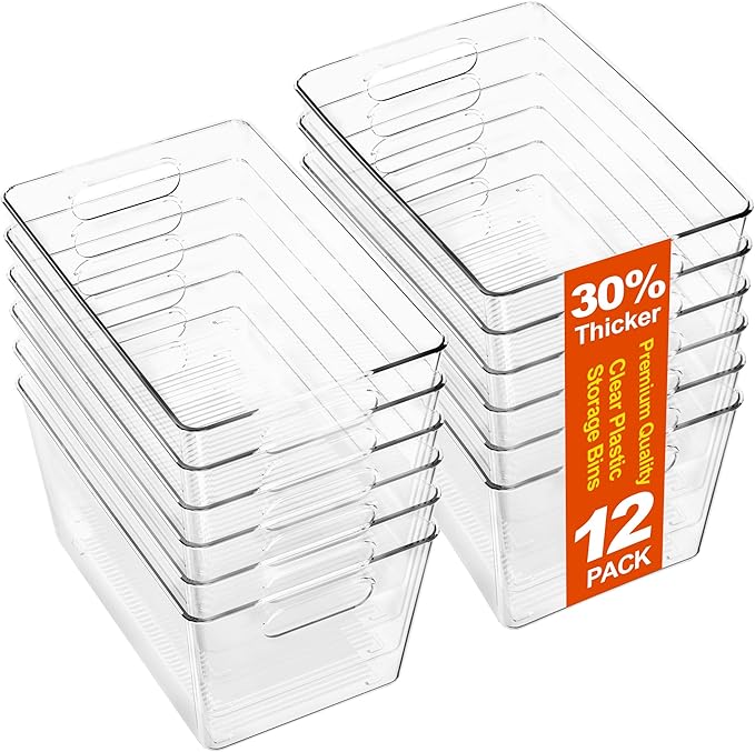 12 Pack Large Clear Plastic Storage Bins, Refrigerator Cabinet Organizers with Handles for Pantry Organization and storage, Perfect for Home Organization, Kitchen, Laundry, Office& Garage