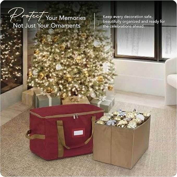 Covermates Keepsakes Adjustable Ornament Storage Bag – Heavy-Duty Polyester, Padded Dividers & FlexGrid Trays – Protective Holiday Ornament Organizer with Handles & Label Window, Red