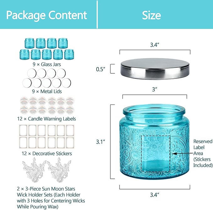 9-Pack 10 oz Sun Moon Star Embossed Glass Candle Jars with Mirror Lids and Labels - Unique Blue Containers with Lids for Candle Making