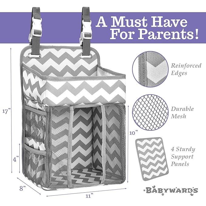 Hanging Diaper Caddy Organizer - Large Nursery Storage for Essential Newborn Baby Items - 2 Compartments, 3 Mesh Pockets - Durable Hooks to Hang on Bassinet, Changing Table, Crib