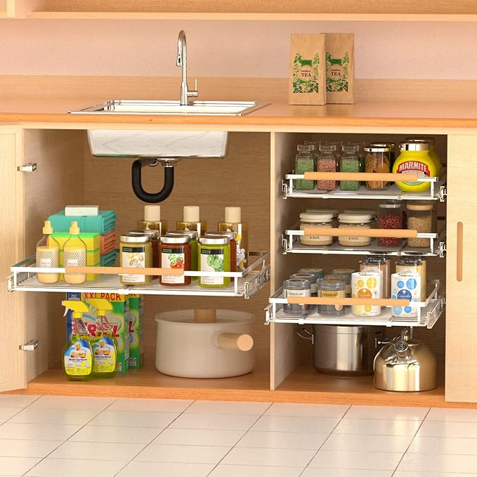 Expandable Pull Out Drawer Cabinet Organizers, Heavy Duty Slide Out Storage Shelf for Home Kitchen Pantry Cupboard Pots Pans, Adjustable Width from 16.2" to 26.2", Stainless 2 Packs