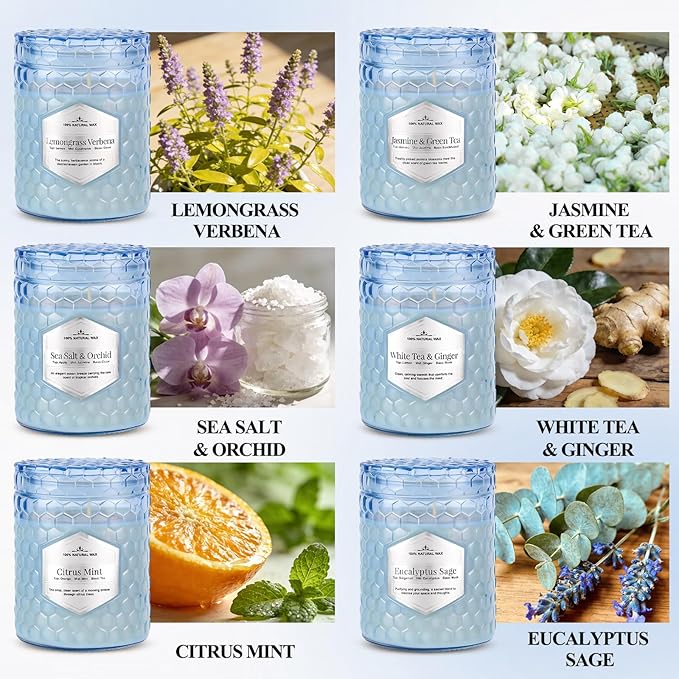 Lake Blue Candles for Home Scented, 6 Pack of 5.5 Oz Natural Soy Wax Candles in Decorative Glass, Home Aromatherapy Gifts Sets for Women Birthday Christmas Refresh & Relaxation
