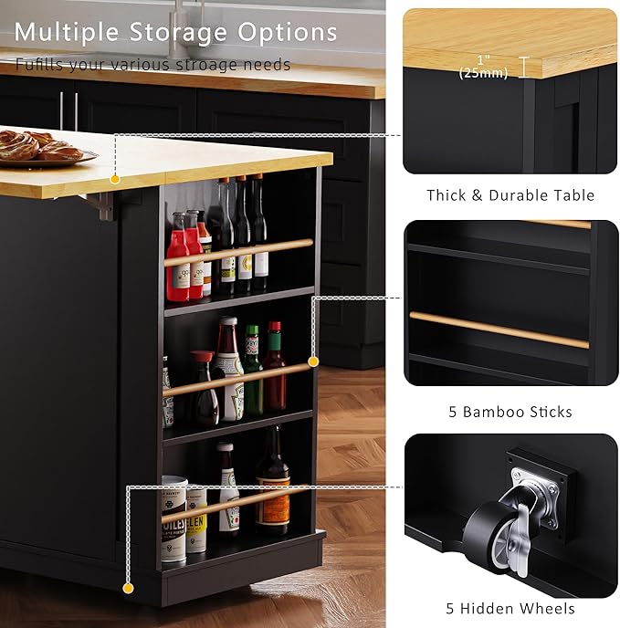 Kitchen Storage Island on Wheels with 2 Bar Stools, Rolling Drop Leaf Kitchen Island Cart with Power Outlet, Open Side Racks, Door Shelves and Towel Bar, 53-Inch, Black