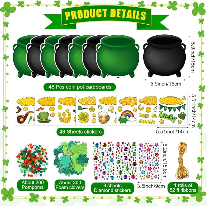 Funrous 48 Sets St. Patrick's Day Crafts Kit Pot of Gold Paper Crafts Bulk DIY Irish Green Shamrock Lucky Clover Coin Jar Leprechaun Hat Hanging Ornaments for Classroom Activities Arts Party Favors