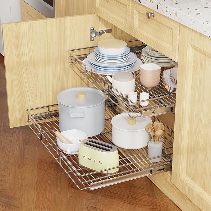 LOVMOR Individual Pull Out Cabinet Organizer, 2 Tier Slide Out Cabinet Drawers, Pots and Pans Organizer and Storage Pantry Shelf for Kitchen (31½" W x 21½" D)