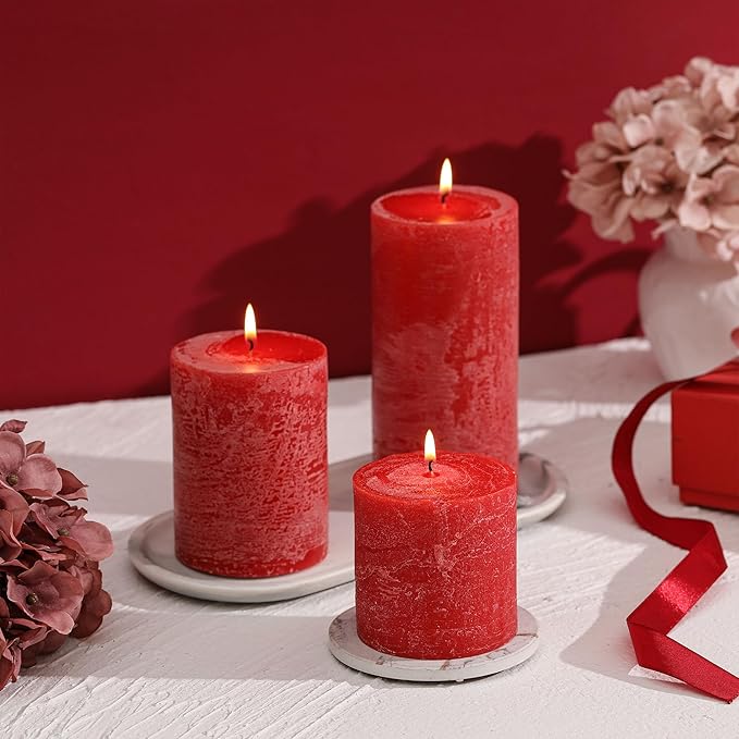 3x4 Inch Bright Red Pillar Candles Set of 3 - Hand-Poured Unscented Candles, Long Clean Burning, Large Big Candle, Smokeless Dripless Candle for Dinner Table, Wedding, Home, Rustic Decor