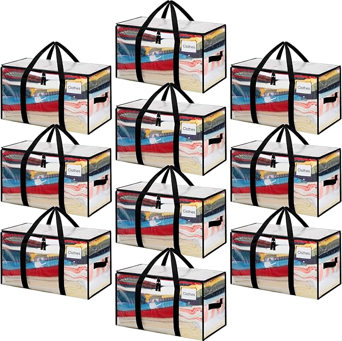 BAGAIL Heavy Duty Moving Bags with Strong Handle, Extra Large Moving Boxes, Storage Tote for Clothes, College Moving Supplies(Clear, 10 Pack)