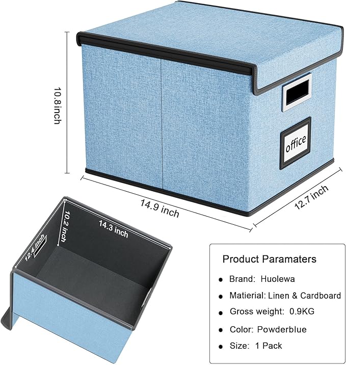 Huolewa File Organizer Box with Lid, Collapsible File Folder Organizer for Office Document Storage, Filing Box with Plastic Slide for Letter Size Hanging File Folders(1 Pack, Powderblue)