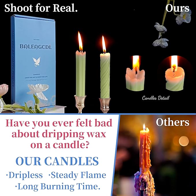Dripless Unscented Grass Green Spiral Taper Candles Smokeless Long Lasting Burn 10 Inch Roman Column Candlesticks for Home Décor,Set of 6