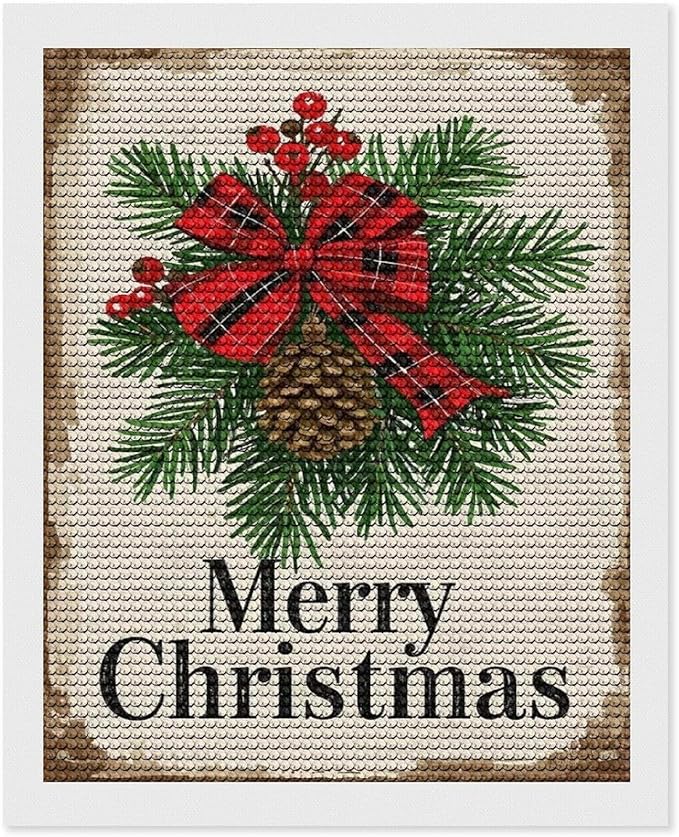 AIVKIEJK Diamond Painting Kits for Adults - Merry Christmas Holly, Pine Cones & Red Plaid Bow Painting DIY 5D Full Drill Diamond Dots Paintings with Diamonds Gem Art and Crafts Home Decor 16"x20"
