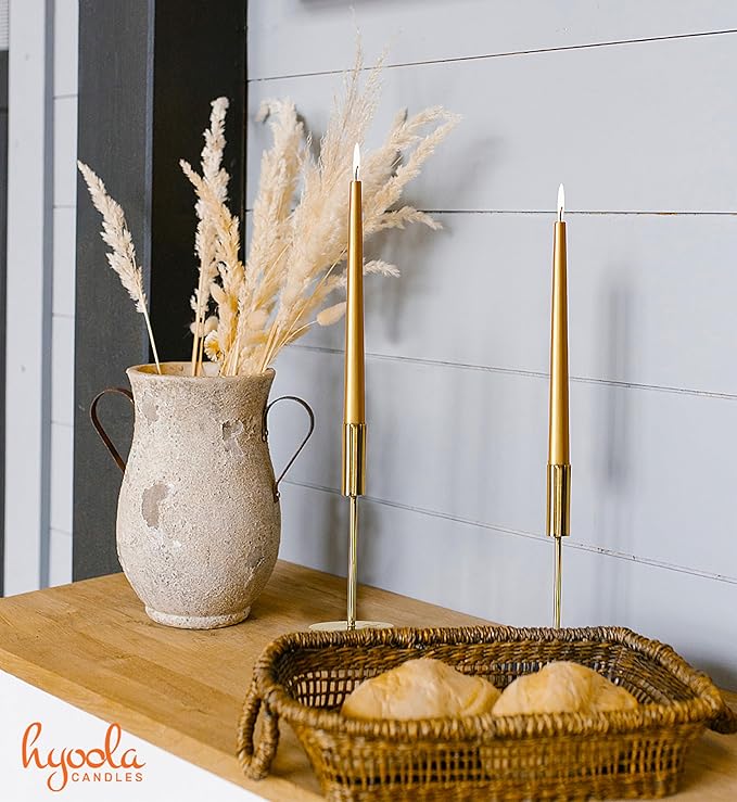 Hyoola Tall Taper Candles - 10 Inch Metallic Gold Dripless, Unscented Dinner Candle - Paraffin Wax with Cotton Wicks - 8 Hour Burn Time (Pack of 12)