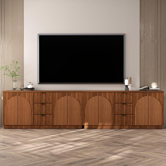 Brafab 67" Mid Century Modern Style Storage Sideboard with 4 Arched Reeded Design Doors and 3 Drawers with Adjustable Shelves, Suitable for Living Rooms, Studies and Dining Rooms (Walnut, 2 PCS)