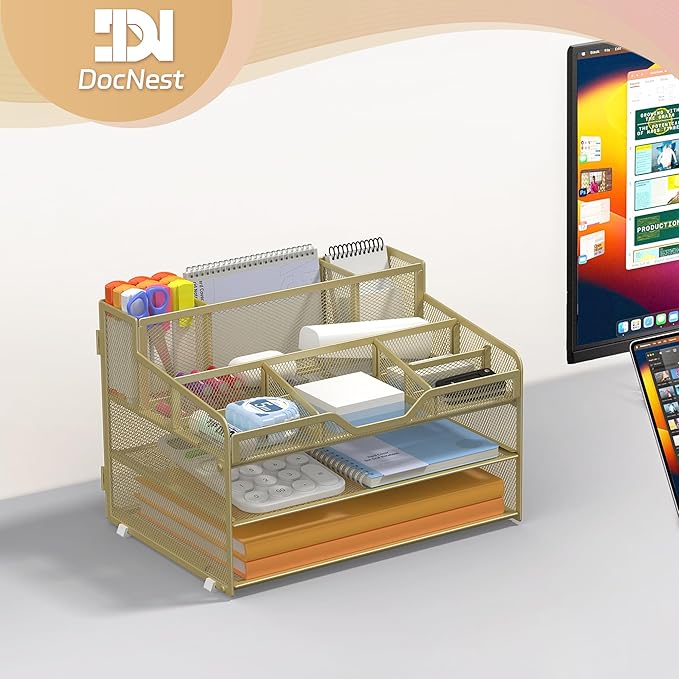 Docnest 3 Tier Mesh Desk Organizer for Paper Office Supplies – Multi-Functional Letter Tray with 5 Adjustable Compartments, 3 Pen Holders, Desktop Storage for Files, Mail, Stationery – Gold