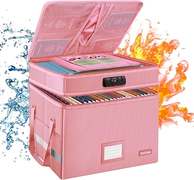 DocSafe File Box with Lock,Multi-Layer Fireproof Document Box Collapsible File Storage Organizer with Pockets/Handle,Large Portable Home Office Filing Safe for Hanging Letter/Legal Size Folders,Pink