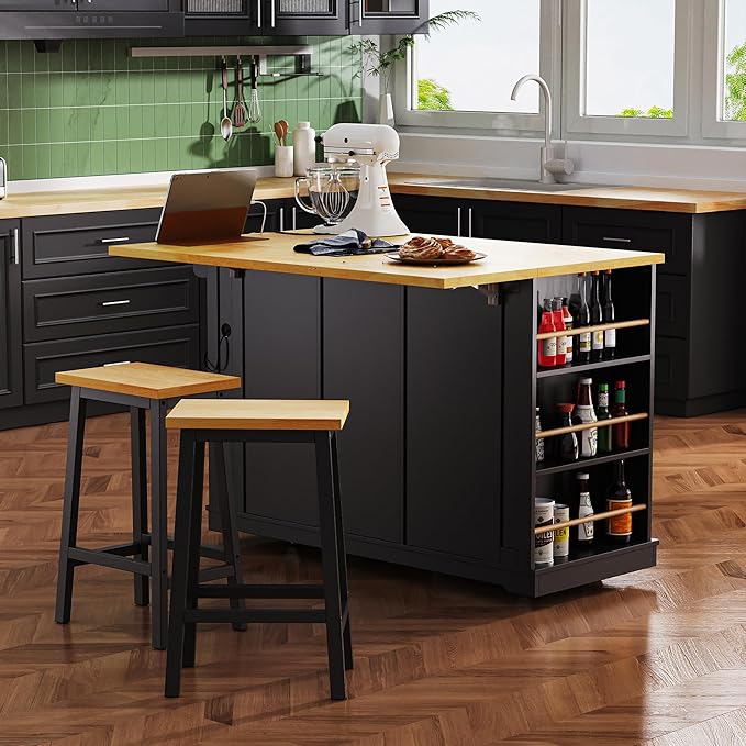 Kitchen Storage Island on Wheels with 2 Bar Stools, Rolling Drop Leaf Kitchen Island Cart with Power Outlet, Open Side Racks, Door Shelves and Towel Bar, 53-Inch, Black