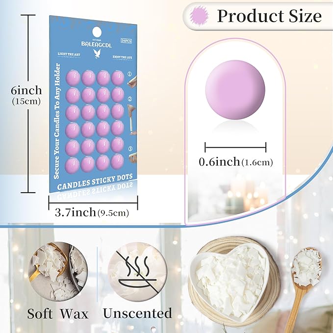Candle Sticky Dots - Purple Wax Candle Adhesive Dots - Unscented Cire Adhesive for Secure Candle Placement - Easy Clean for DIY Projects - Pack of 24