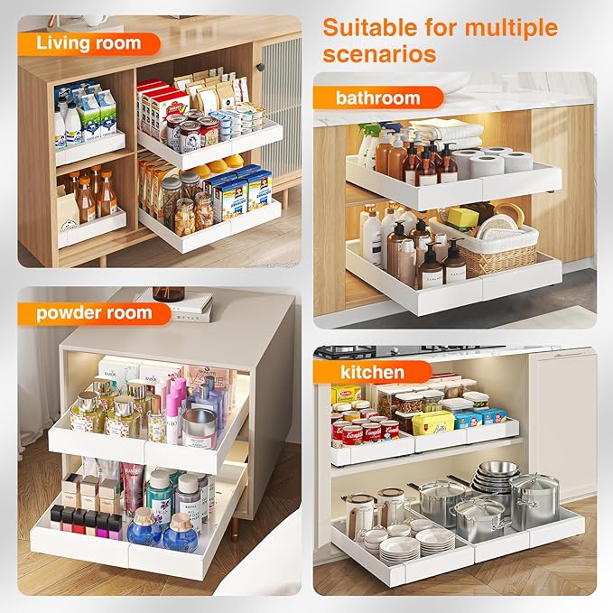 LEGUANG Expandable Pull-Out Cabinet Organizers (12.6-20.4" W x 16.54" D) - Upgraded 3 Quiet Slide Rails, Nano-Film Adhesive Fixing, White, Fit Kitchen/Living Room/Bathroom/Vanity