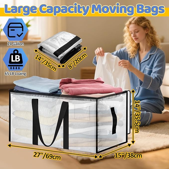 Large Moving Bags 4 Pack Heavy Duty Storage Bags with Reinforced Zipper and Wide Handles, Fold Flat Storage Totes with Tag Pocket, Idea for Space Saving, Alternative to Moving Box (88L, Clear)