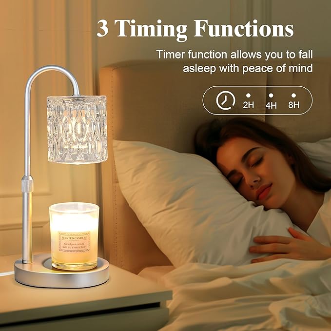Dreamholder Electric Candle Warmer Lamp with Timer & Dimmer, Adjustable Height Wax Melt Warmer for Jar Candles, Wood Base Candle Melter, Floral Home Decor Gifts for Women, Mom, Silver Glass