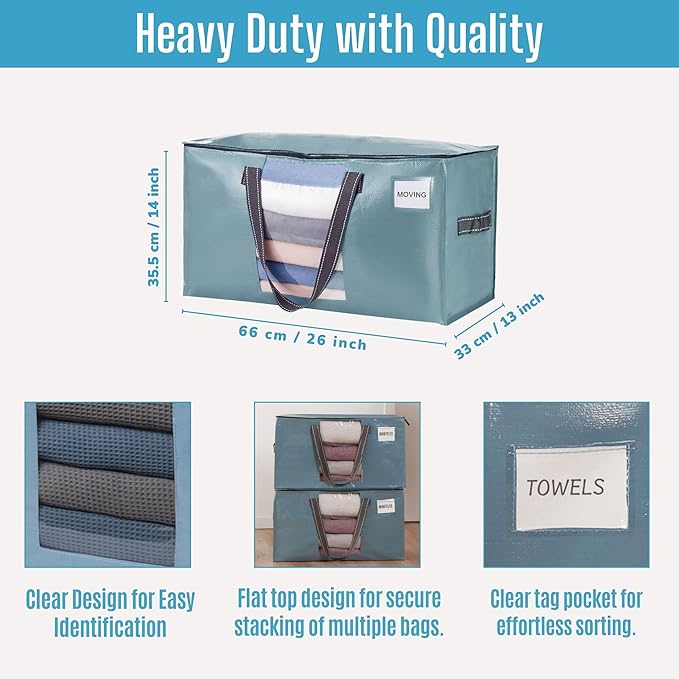 VENO 4 Pack Heavy Duty Moving Bags, Clothes and Comforter Storage Bags with Clear Window, College Dorm Essentials Packing Supplies, Foldable Boxes Alternative (Shiny Light Blue, 4 Pack)