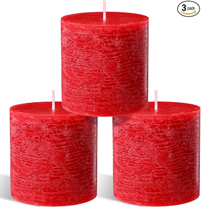 Sumind Valentine's Day Handmade 3x3 Inch Pillar Candles Set of 3, 24 Hour Long Burning Unscented Rustic No Drip Ivory Candles Hand Poured for Spring Home Decor, Weddings, Parties,Dinner,Church(Red)
