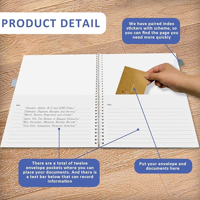 Letter Size Yearly Tax Organizer Book with 12 Separate Pockets Spiral Bound 8.5x11 Tax Document Folder Tax Record Book with Tabs Monthly Bill Receipt Income Tax Organizer System for Home Office Taxes