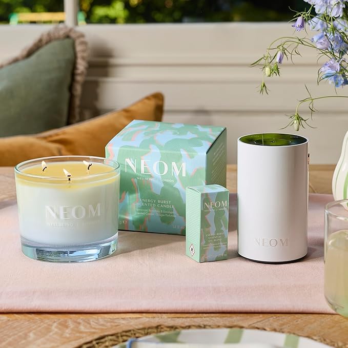 NEOM - Energy Burst Candle 420g I Hand Finished I 3 Wick | 100% Naturally derived Wax infuses Your Space with 100% Natural Refreshing fragrances I Spearmint, Rosemary & Eucalyptus