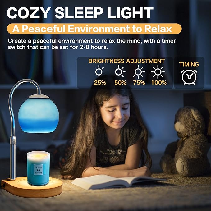 Candle Warmer Lamp with Timer 2H/4H/8H, Adjustable Height Dimmable Candle Lamp with 2 Bulbs, Wax Melt Warmer for Jar Candles, House Warming, Home Decor, Christmas Gifts for Women, Mom(Ocean)