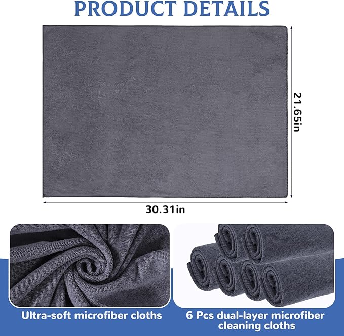 6 Pcs Extra Large Microfiber Cleaning Cloth Reusable Microfiber Towels Thick Washable Cleaning Towel for Home Office Windows Floors and Cars, 30 x 20 Inch(Grey)