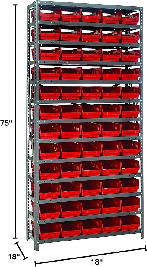 Quantum Storage Systems 1875-104RD Solid Heavy Duty 13 Shelves 60 Economy Red Bins 75" H x 36" W x 18" D