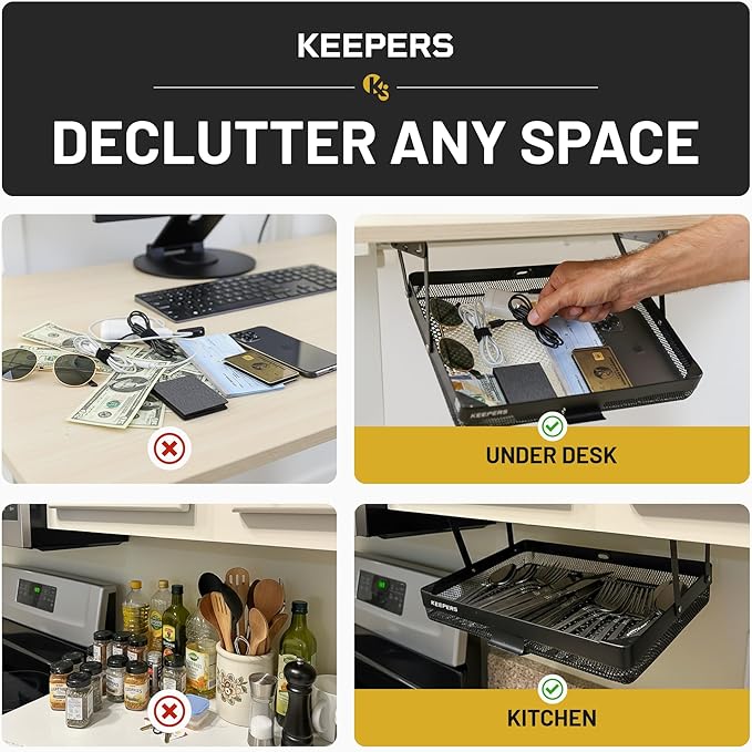 KEEPERS - Under Desk Drawer Slide Out – Metal Under Desk Storage Drawer for Office, Home, RV, Kitchen – Slim Under Table Attachment with Easy DIY Mount - Under Desk Organizer - Fits in 11x10x2In
