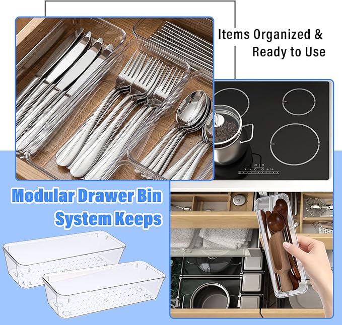 14PCS Vanity Drawer Organizer, 9 x 3 x 2 Inch Clear Plastic Silverware Utensil Organizers Bins, Versatile Desk Tray Drawers Dividers for Makeup Jewelry Kitchen Bathroom and Office Organization