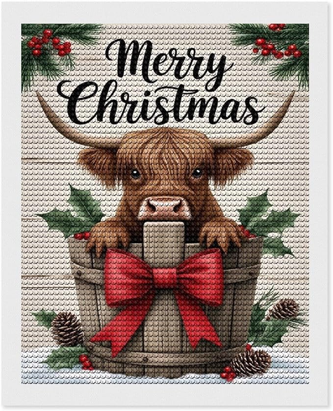AIVKIEJK Diamond Painting Kits for Adults - Highland Cow Merry Christmas Painting DIY 5D Full Drill Diamond Dots Paintings with Diamonds Gem Art and Crafts Home Decor 16"x20"
