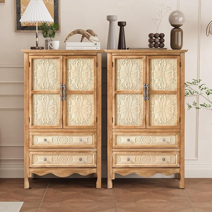 RoyalCraft 48" Tall Accent Cabinet with 2 Carved Doors and 2 Drawers，Vintage Wood Cabinet with Storage, French Country Sideboard Buffet for Small Spaces, Dining Room, Living Room & Hallway