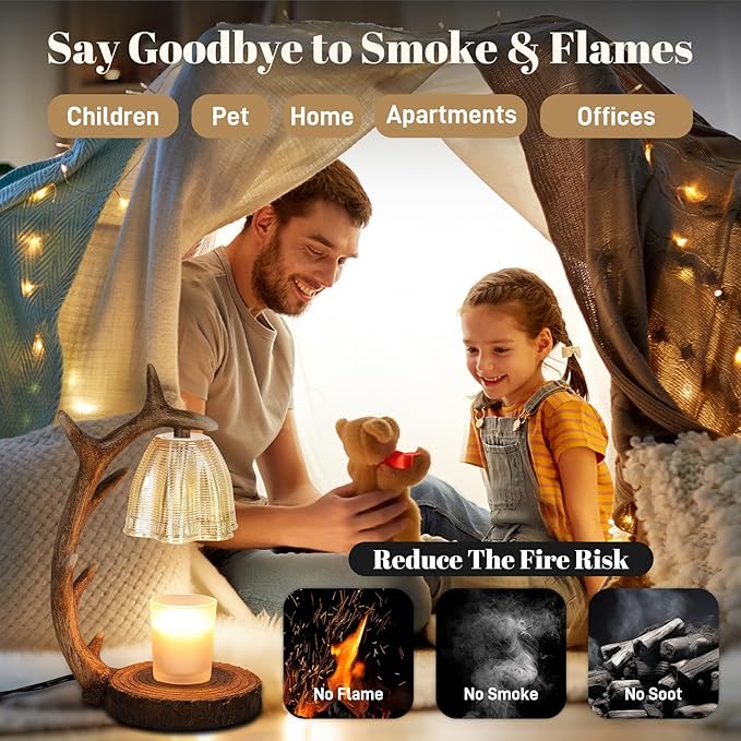 Candle Warmer Lamp | Rustic Candle Warmer Lamp with Timer and Dimming Function | Suitable for Retro Decoration and Creative Gifts Features A Resin Reindeer Antler Design and Comes with 2 Light Bulbs