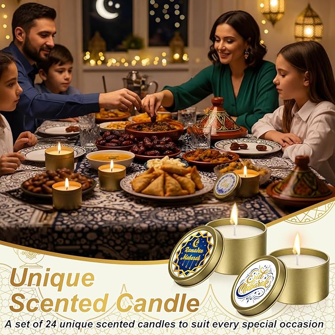 Nuanchu 24 Pack Eid Mubarak Scented Candles Gift 2 oz Blue Gold Star and Moon Design Ramadan Aromatherapy Soy Wax Jars Lasting Bulk Favors for Home Islamic Holiday Party Decor