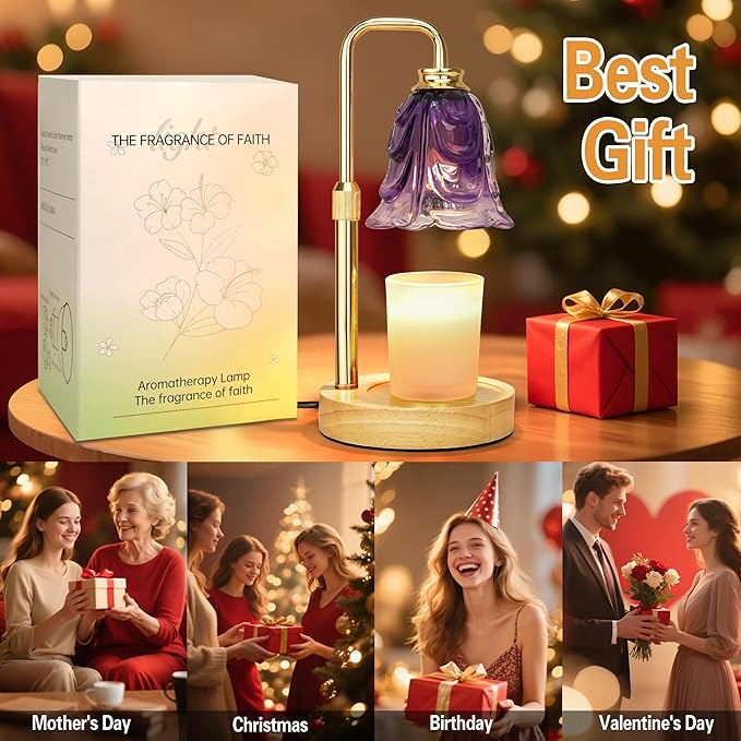 XJZJY Candle Warmer Lamp with Timer Dimmer, Adjustable Height Green Tulip Candle Wax Warmer, Christmas Birthday Gift for Mom Women, House Warming Gifts for New Home Bedroom Decor (Flower Lavender)