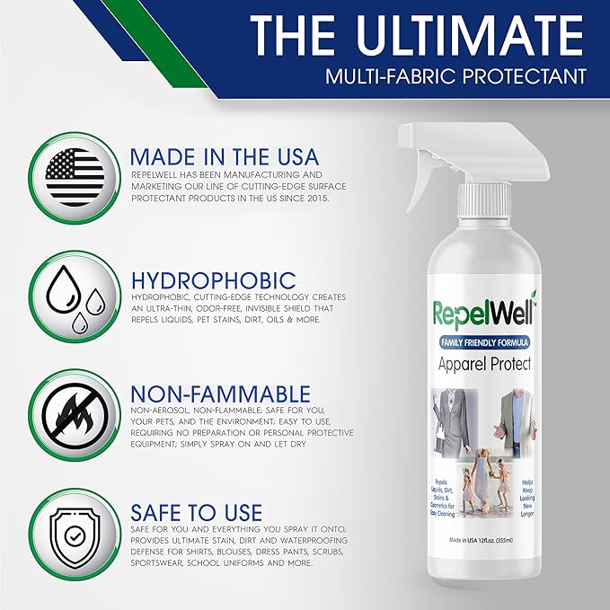 RepelWell Apparel Protect (12oz) Stain & Water Repellent Spray – Non-Toxic, Eco-Friendly, Pet-Safe Sprays for Clothing & More