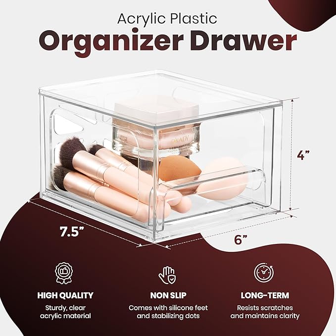 Oizeir Clear Stackable Storage Drawers - 4-Pack Acrylic Makeup Organizer Bins for Vanity, Bathroom, Countertop, Cabinet, or Kitchen - Perfect for Cosmetics, Office, and Small Item Organization