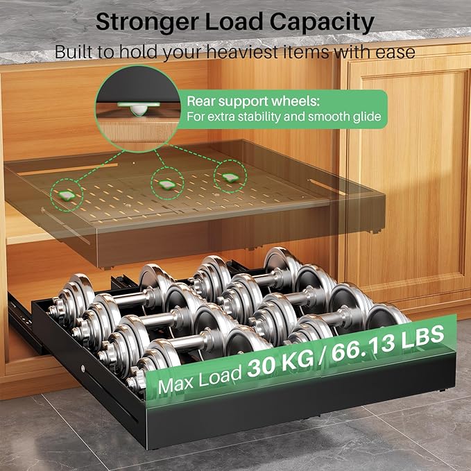 Pull out Cabinet Organizer, Expandable Width(14"-24"), Depth(13"-24") with 3 Rails, Slide Out Drawers With Raising Pad for Framed Cabinets, Fixed with Adhesive Film for Cabinets in Kitchen, Black