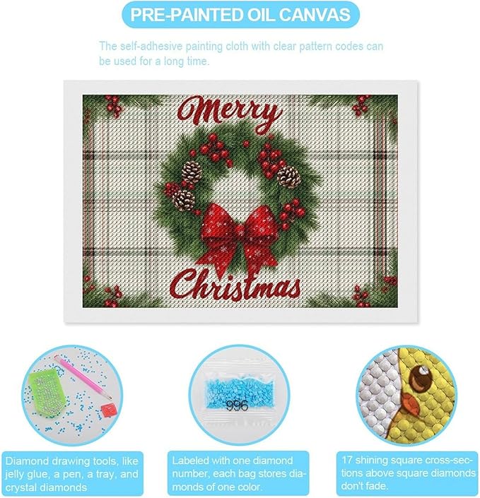 AIVKIEJK Diamond Painting Kits for Adults - Red Bow & Green Leaves Merry Christmas Painting DIY 5D Full Drill Diamond Dots Paintings with Diamonds Gem Art and Crafts Home Decor 8"x12"