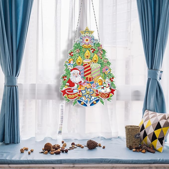 Christmas Tree Diamond Art Hanging Signs with LED Light String DIY Santa Claus Diamond Dots Painting Wreaths Hanging Ornaments Special Shaped Crystal by Number Mosaic Kits Porch Home Wall Door Decor