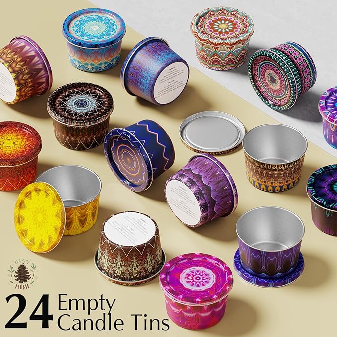 Happyhube Empty Candle Tins for Making Candles, 24 Pack 2.5 oz Metal Containers, Travel-Friendly Rust-Proof Tins with Lids, 24 Patterns Jars(Colourful)