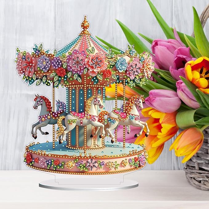 ARTopet DIY Diamond Desktop Ornament PET Irregular Shape Special Shaped Crystal Double Sided Pattern Single Sided Diamond Art Painting Tabletop Home Ornaments Decor (Carousel)