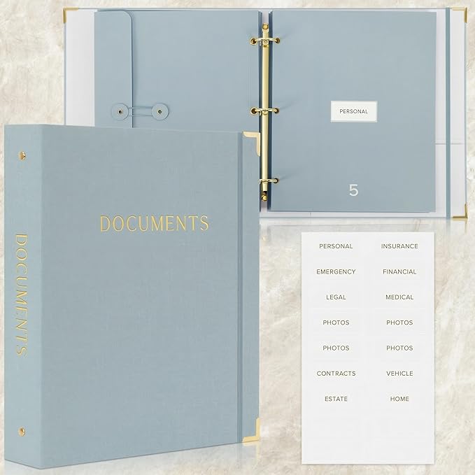 Sturdy Document Organizer Set with Folders - Beautiful Linen 3-Ring Binder Safely Stores All Important Documents & Files in One Place - Easy to Use Expanding Storage Incl. Envelopes, Pockets & Labels