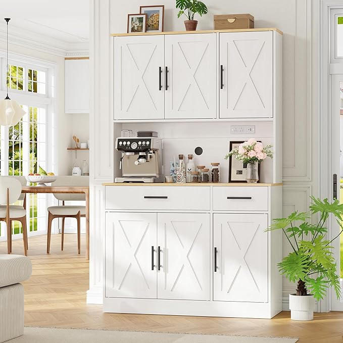 Vongrasig Farmhouse Pantry Cabinet with Charging Station, Tall Kitchen Pantry with Microwave Stand, Storage Drawers & Shelves, Large Kitchen Hutch for Living Room, Dining Room, White
